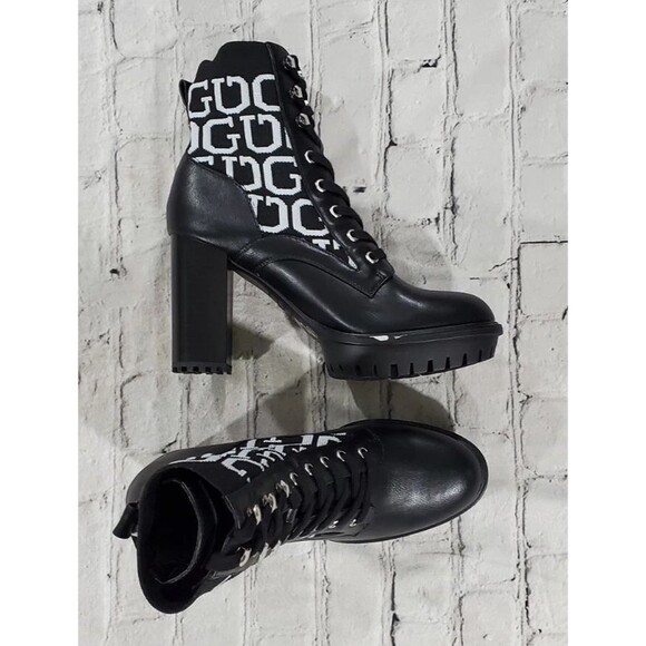 GUESS Ankle Boots Knit Logo Platform Black White WOMENS SIZE 11M - Picture 7 of 8